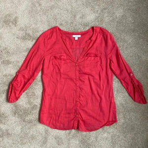 New York & Company Quarter Sleeve Button Cotton Button-Down Coral Pink Blouse S